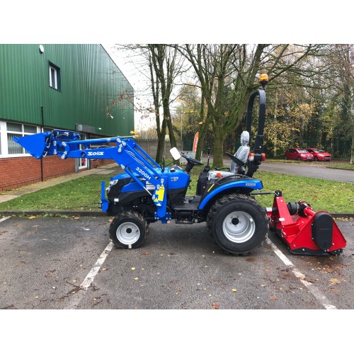 Solis 26 HST Compact Tractor (26HP Hydrostatic with Industrial Tyres) and 4-in-1 Front Loader and 1.45mtr Flail Mower